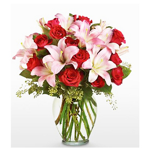 粉百合紅玫花束 送花到台灣,送花到大陸,全球送花,國際送花