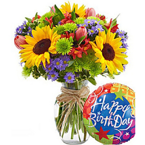混色盆花+氣球～生日快樂 送花到台灣,送花到大陸,全球送花,國際送花
