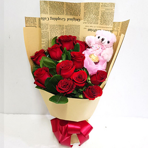 紅玫小熊金莎花束 送花到台灣,送花到大陸,全球送花,國際送花