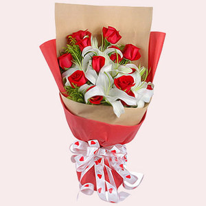 紅粉知己-玫瑰百合綜合花束 送花到台灣,送花到大陸,全球送花,國際送花