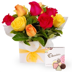 阳光笑容-混色玫瑰、巧克力 送花到台湾,送花到上海,全球送花,国际送花