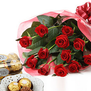 一見鐘情-12朵玫瑰花束+金莎巧克力 送花到台灣,送花到大陸,全球送花,國際送花