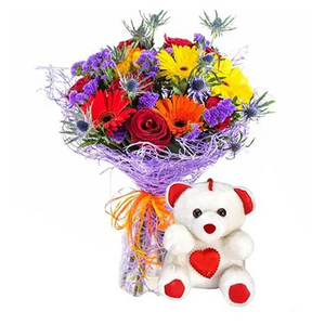 歡欣鼓舞-花束與小熊 送花到台灣,送花到大陸,全球送花,國際送花