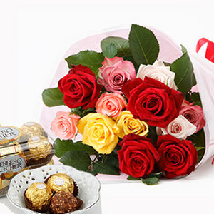 12朵混色玫瑰花束+&巧克力 送花到台灣,送花到大陸,全球送花,國際送花