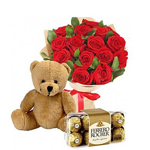 小熊玫瑰花束+巧克力 送花到台湾,送花到上海,全球送花,国际送花