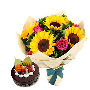 Bouquet and Cake - Happy Sunshine 送花到台灣,送花到大陸,全球送花,國際送花
