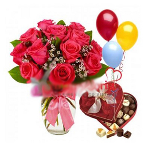 Red roses, balloon flower gift combination 送花到台灣,送花到大陸,全球送花,國際送花