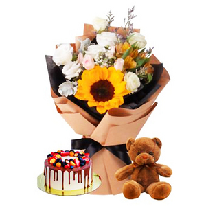 向日葵玫瑰花束和生日蛋糕 送花到台湾,送花到上海,全球送花,国际送花